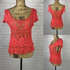 Sexsy Fashion Orange Crochet Lace Cap Sleeve Top